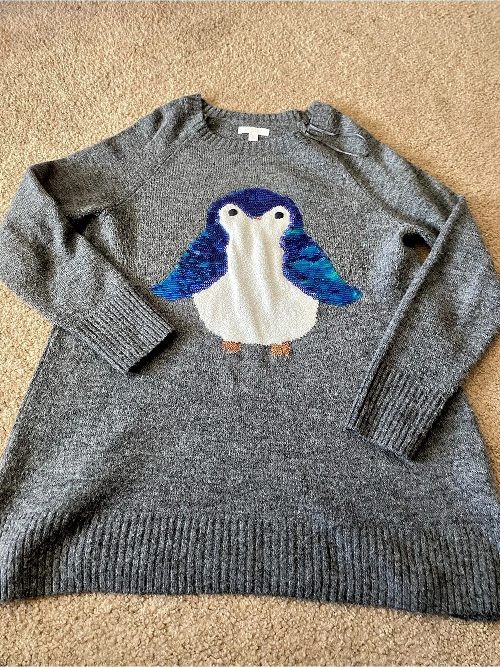 Lauren Conrad Penguin Crewneck Sweater Gray Blue Size Medium